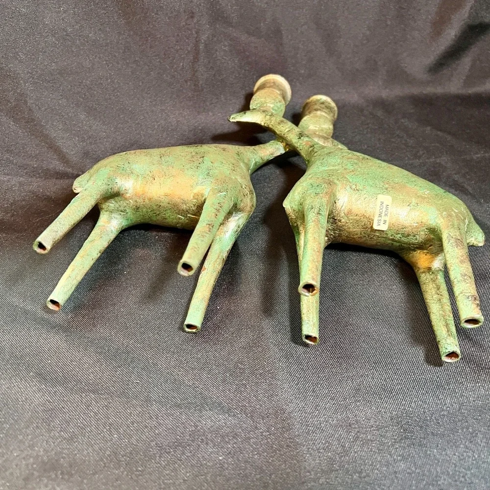 Vintage Verdigris‎ Metal Giraffe Candleholders Pair Indonesia Mid Century Modern